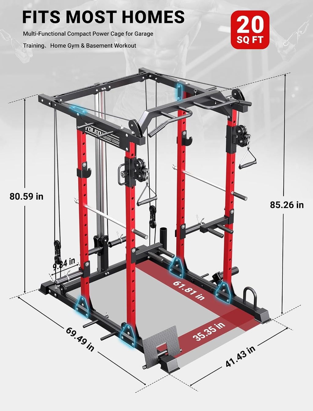 YOLEO Smooth Pulley System Power Cage, Adjustable Cable Crossover Power Rack, Multi-Functional Cable Machine for Home Gym