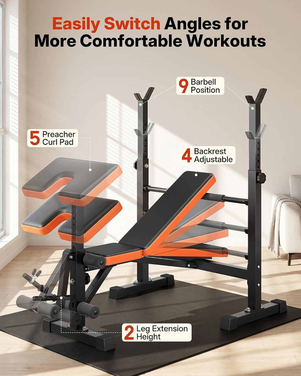 YOLEO 6 in 1 Adjustable & Foldable Weight Bench Set for Bench Press