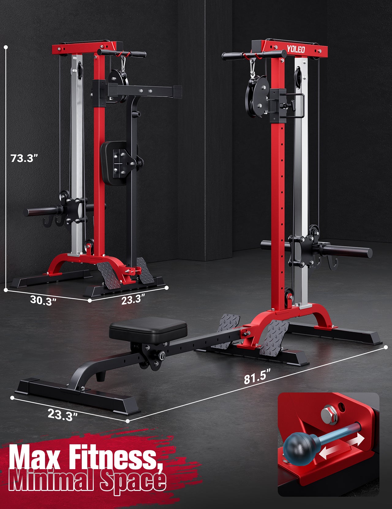 YOLEO 2-in-1 Adjustable Rowing Cable Machine & LAT Pulldown Station for Home Gym, Foldable Space Saver with 6 Attachments, Supports 450 Lbs Weight Plates