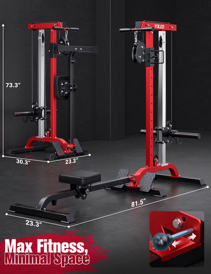 YOLEO 2-in-1 Adjustable Rowing Cable Machine & LAT Pulldown Station for Home Gym, Foldable Space Saver with 6 Attachments, Supports 450 Lbs Weight Plates