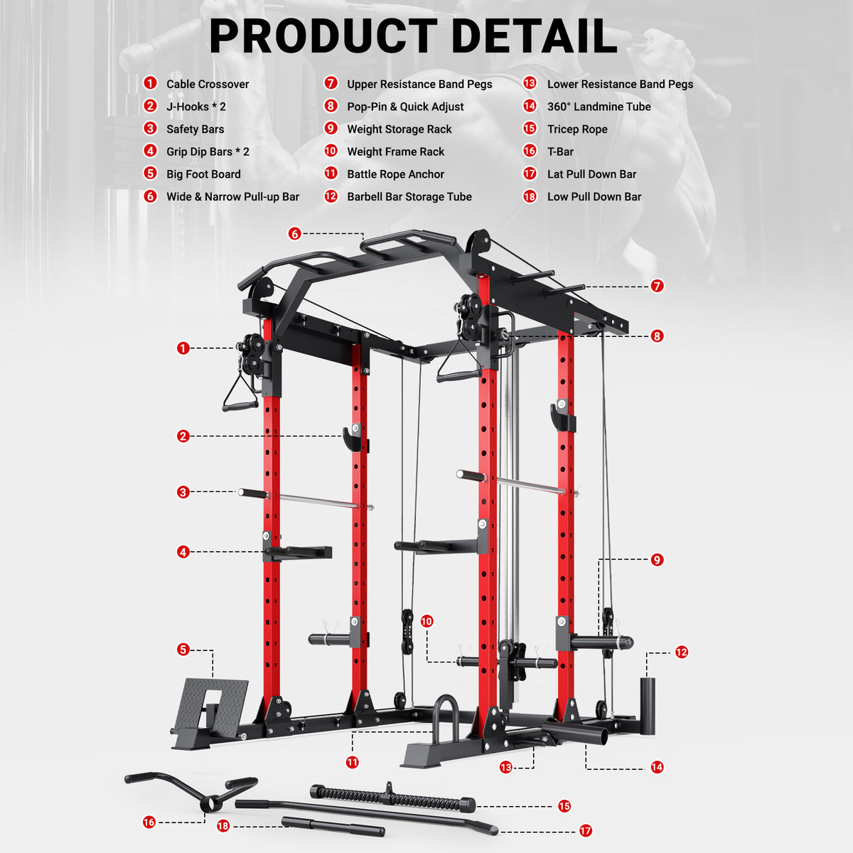 YOLEO Smooth Pulley System Power Cage, Adjustable Cable Crossover Power Rack, Multi-Functional Cable Machine for Home Gym