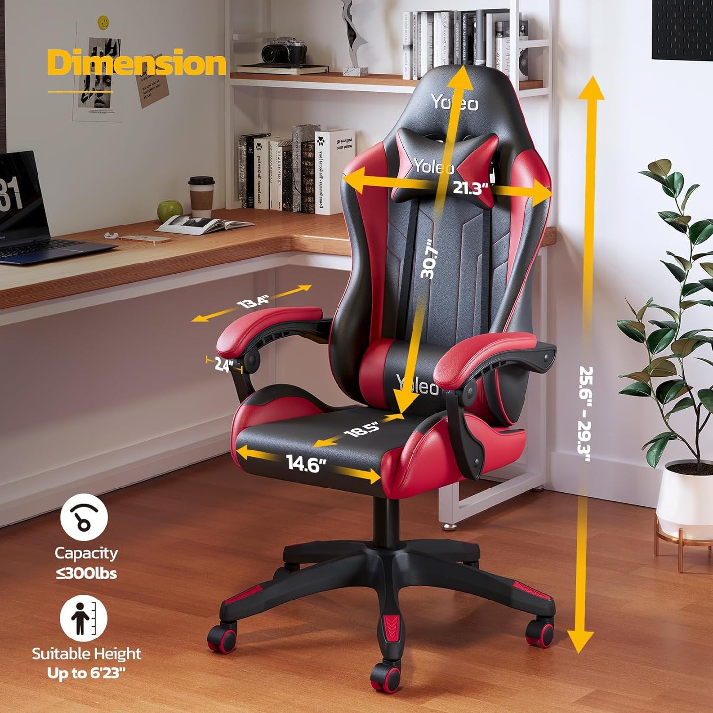 YOLEO Gaming Chair, Ergonomic Computer Chair with Massage Lumbar Support & Padded Armrest