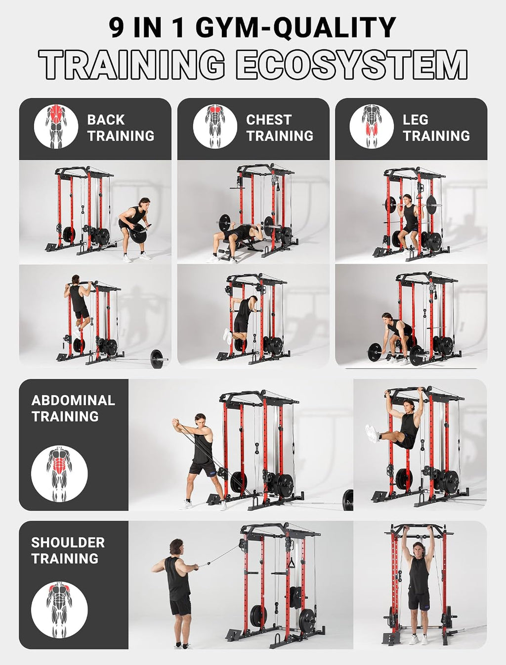 YOLEO Smooth Pulley System Power Cage, Adjustable Cable Crossover Power Rack, Multi-Functional Cable Machine for Home Gym