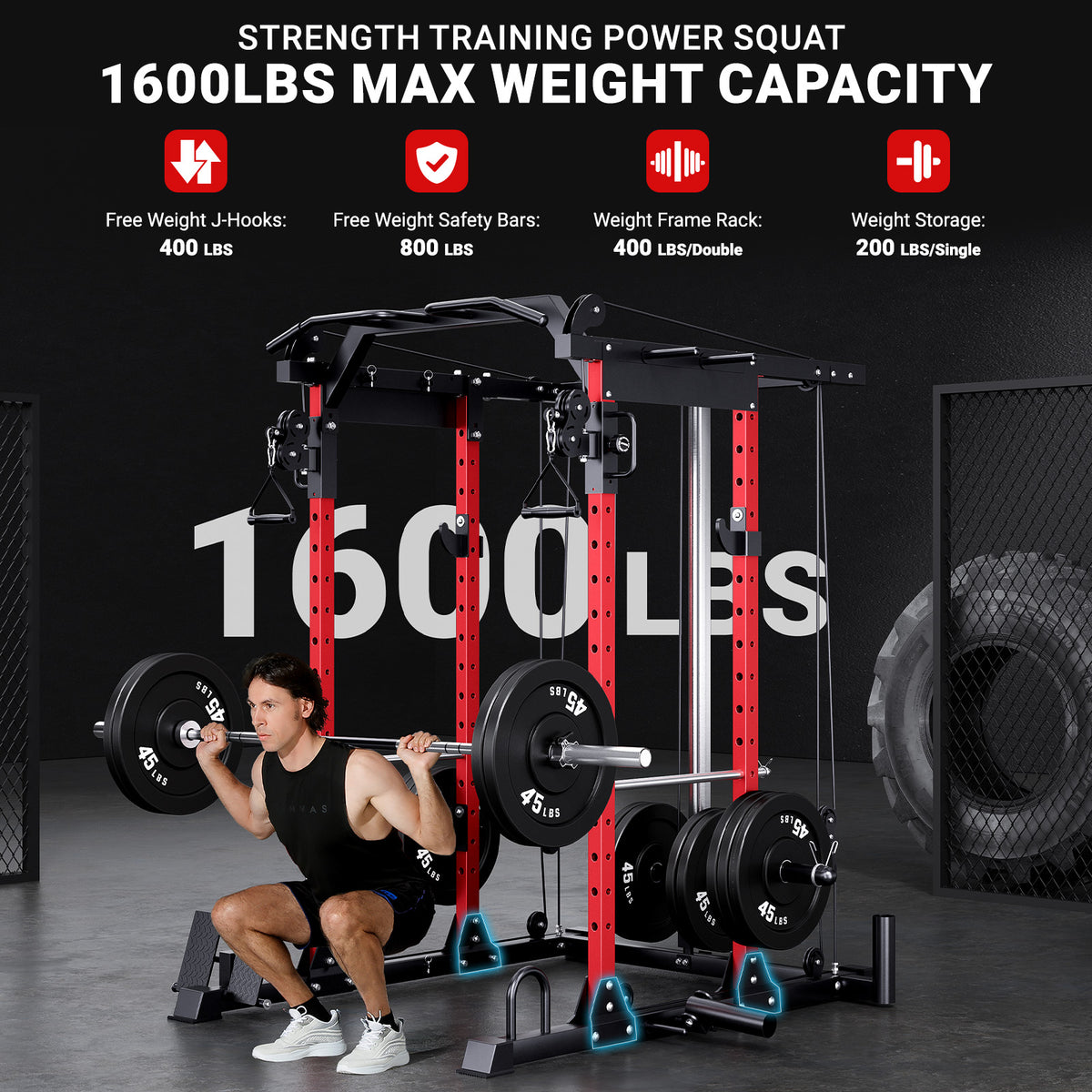 YOLEO Smooth Pulley System Power Cage, Adjustable Cable Crossover Power Rack, Multi-Functional Cable Machine for Home Gym