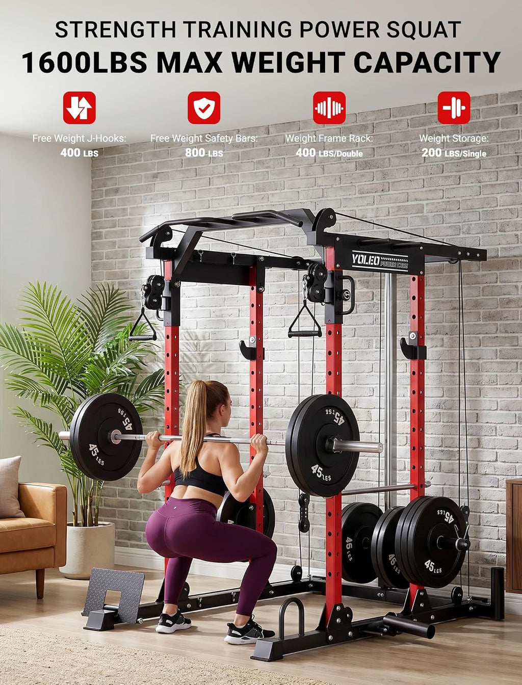 YOLEO Smooth Pulley System Power Cage, Adjustable Cable Crossover Power Rack, Multi-Functional Cable Machine for Home Gym