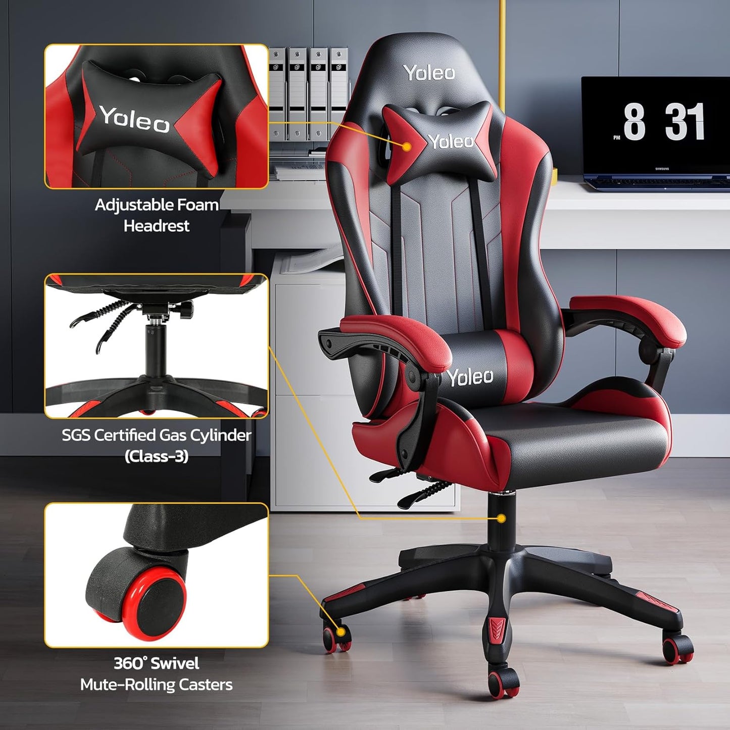 YOLEO Gaming Chair, Ergonomic Computer Chair with Massage Lumbar Support & Padded Armrest