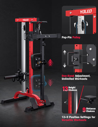 YOLEO 2-in-1 Adjustable Rowing Cable Machine & LAT Pulldown Station for Home Gym, Foldable Space Saver with 6 Attachments, Supports 450 Lbs Weight Plates
