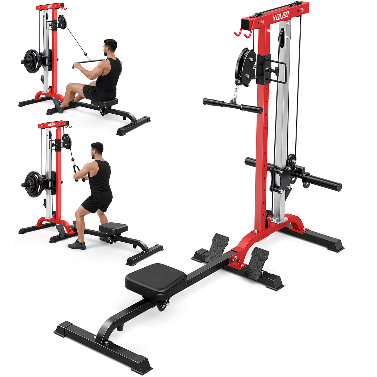 YOLEO 2-in-1 Adjustable Rowing Cable Machine & LAT Pulldown Station for Home Gym, Foldable Space Saver with 6 Attachments, Supports 450 Lbs Weight Plates
