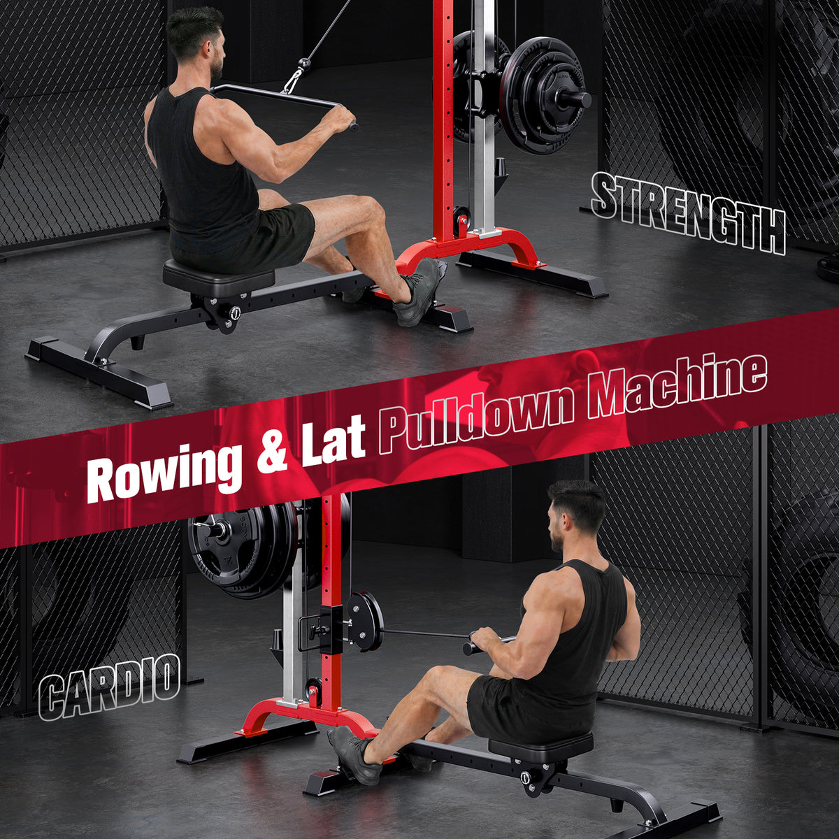 YOLEO 2-in-1 Adjustable Rowing Cable Machine & LAT Pulldown Station for Home Gym, Foldable Space Saver with 6 Attachments, Supports 450 Lbs Weight Plates
