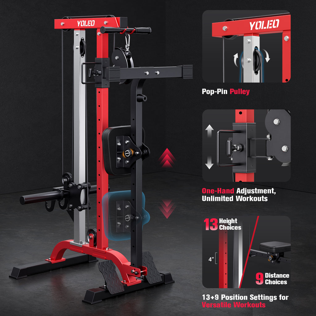 YOLEO 2-in-1 Adjustable Rowing Cable Machine & LAT Pulldown Station for Home Gym, Foldable Space Saver with 6 Attachments, Supports 450 Lbs Weight Plates