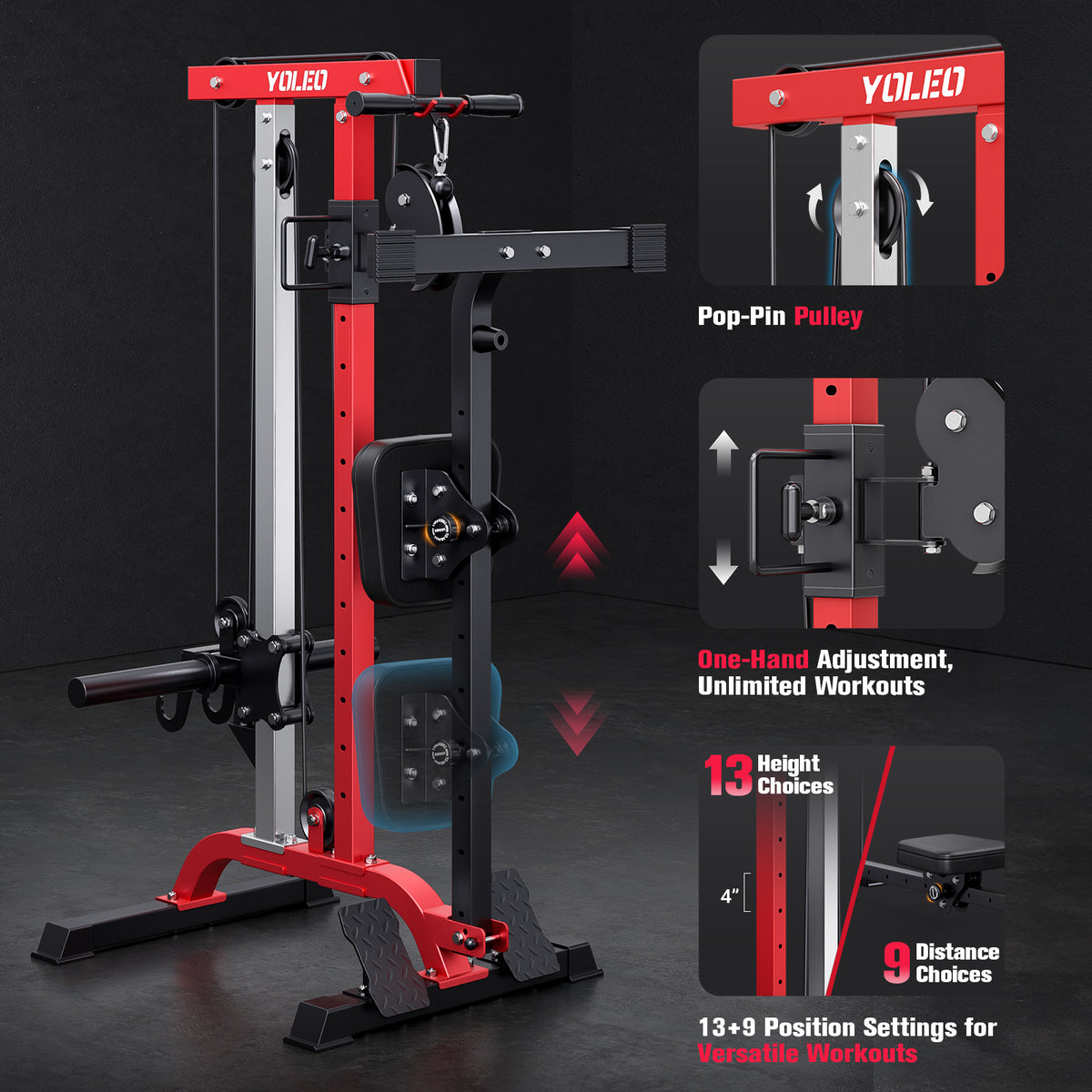 YOLEO 2-in-1 Adjustable Rowing Cable Machine & LAT Pulldown Station for Home Gym, Foldable Space Saver with 6 Attachments, Supports 450 Lbs Weight Plates