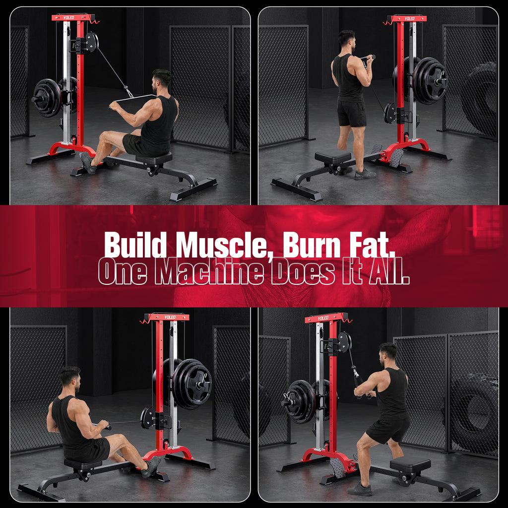 YOLEO 2-in-1 Adjustable Rowing Cable Machine & LAT Pulldown Station for Home Gym, Foldable Space Saver with 6 Attachments, Supports 450 Lbs Weight Plates