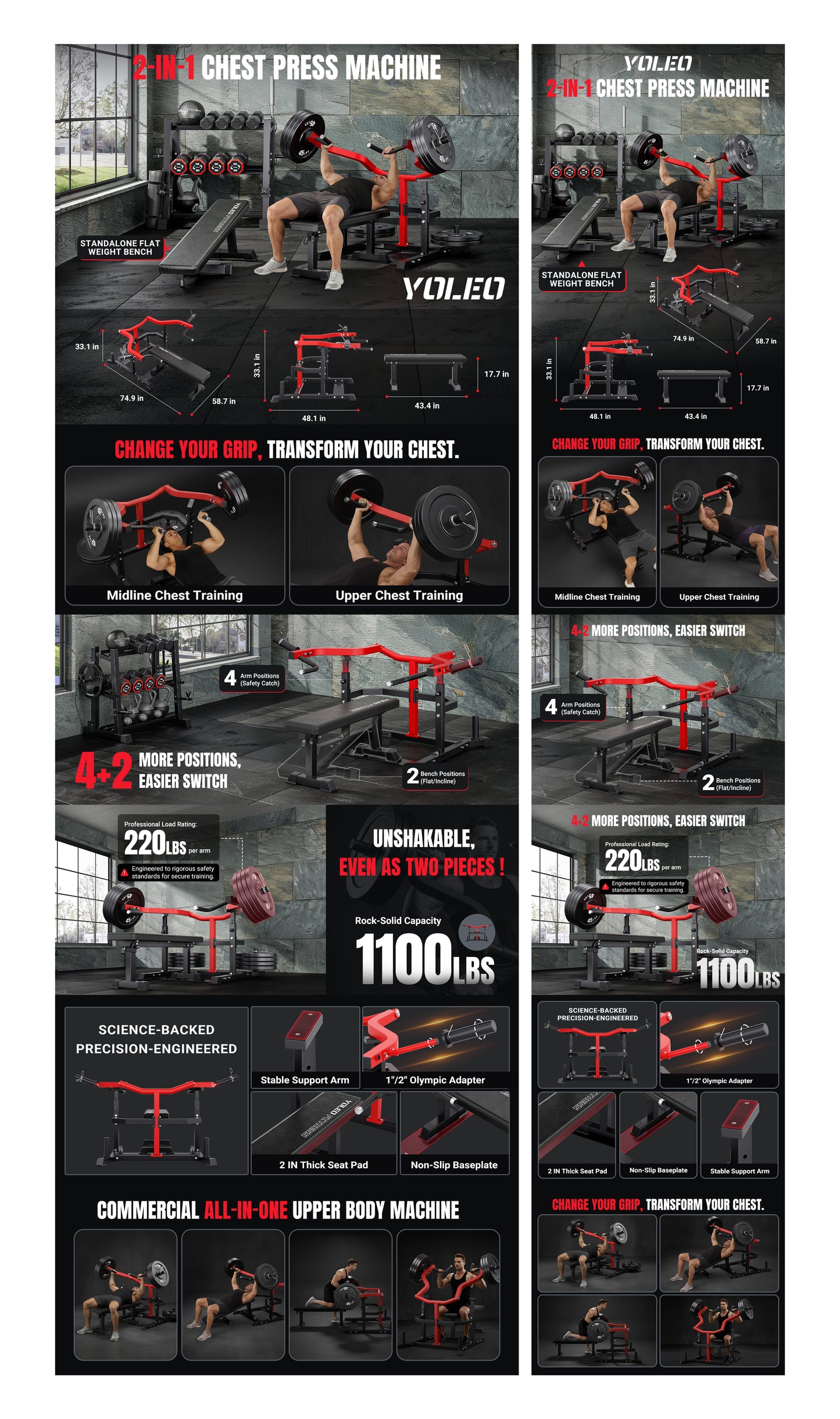 YOLEO Chest Press Machine 1100LBS Bench Press Machin