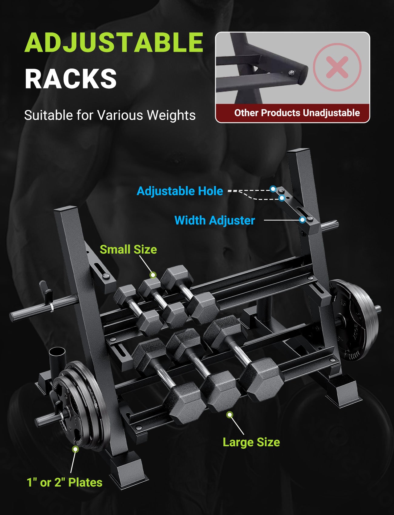 YOLEO Dumbbell Rack, Adjustable & Compact Weight Rack for Dumbbell, Kettlebell, Barbell, Heavy Duty Weight Storage Organizer, Space-Saving Dumbbell Storage Stand Holder for Home Gym - 1100LBS Capacity (Rack Only)