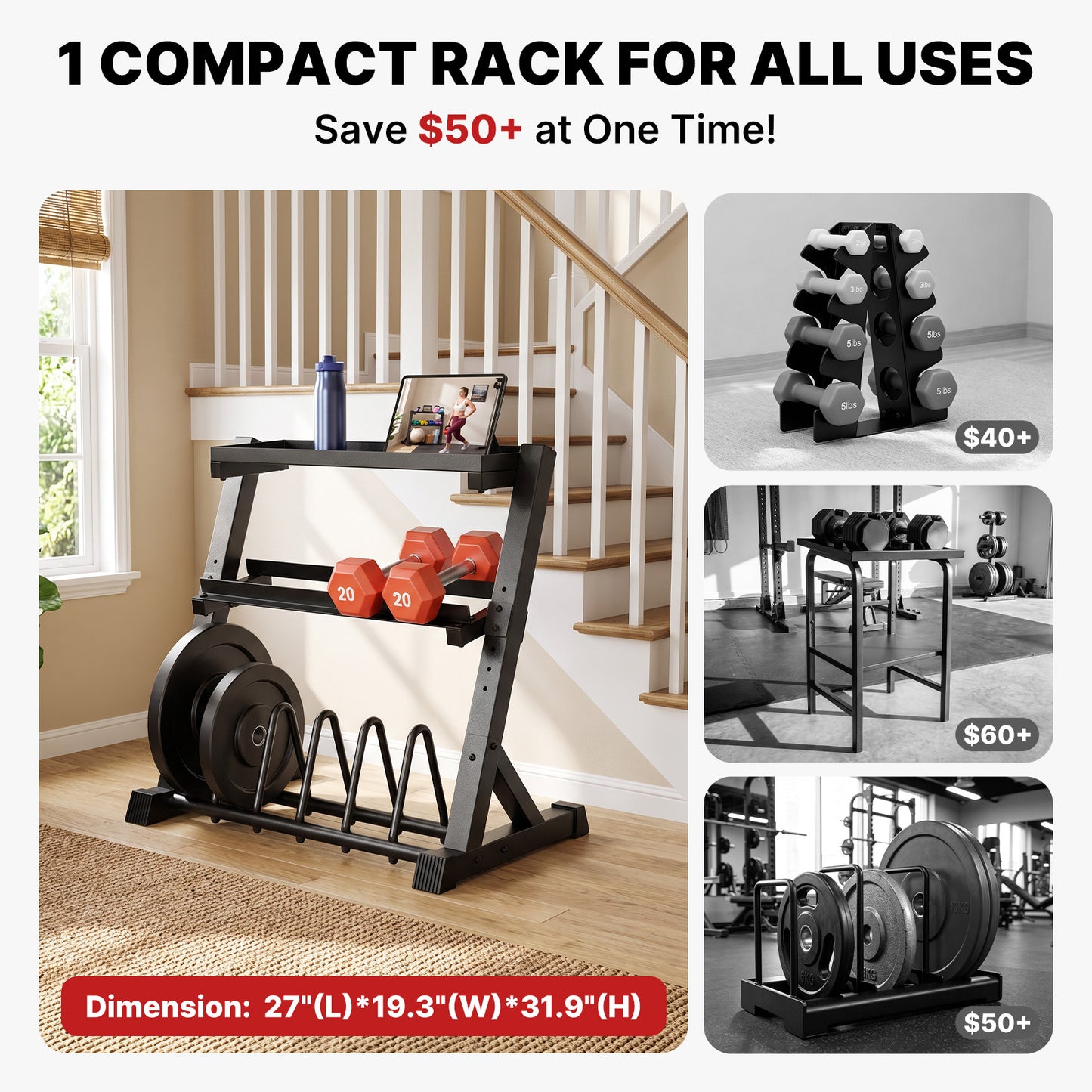 YOLEO Dumbbell Rack, Adjustable & Compact Weight Rack for Dumbbell, Kettlebell, Barbell, Heavy Duty Weight Storage Organizer, Space-Saving Dumbbell Storage Stand Holder for Home Gym - 1100LBS Capacity (Rack Only)