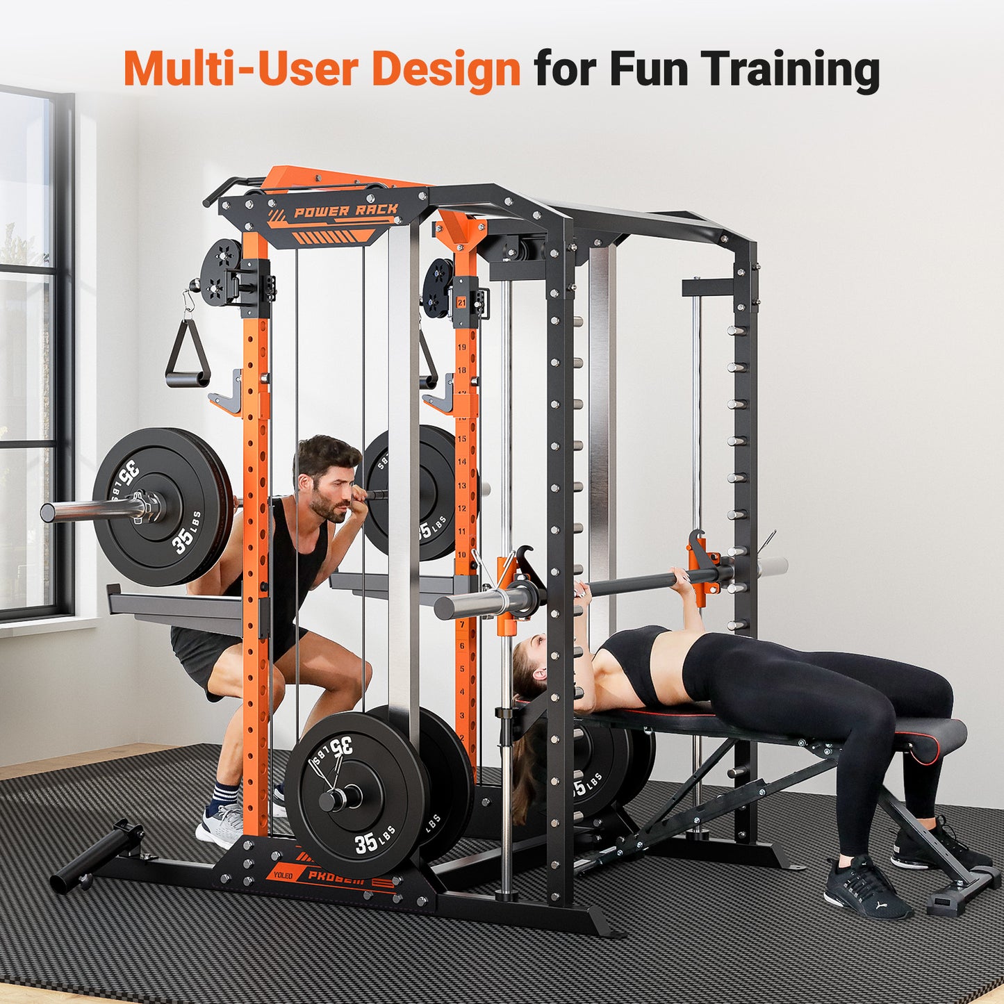 YOLEO Cable Machine Home Gym 2 in 1, Rowing Machine & LAT Pulldown Station, Smooth Pulley System Power Cage with More Training Attachment