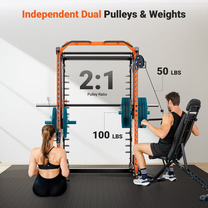 YOLEO Cable Machine Home Gym 2 in 1, Rowing Machine & LAT Pulldown Station, Smooth Pulley System Power Cage with More Training Attachment