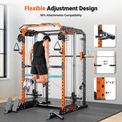 YOLEO Cable Machine Home Gym 2 in 1, Rowing Machine & LAT Pulldown Station, Smooth Pulley System Power Cage with More Training Attachment