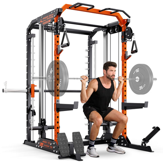 YOLEO Cable Machine Home Gym 2 in 1, Rowing Machine & LAT Pulldown Station, Smooth Pulley System Power Cage with More Training Attachment